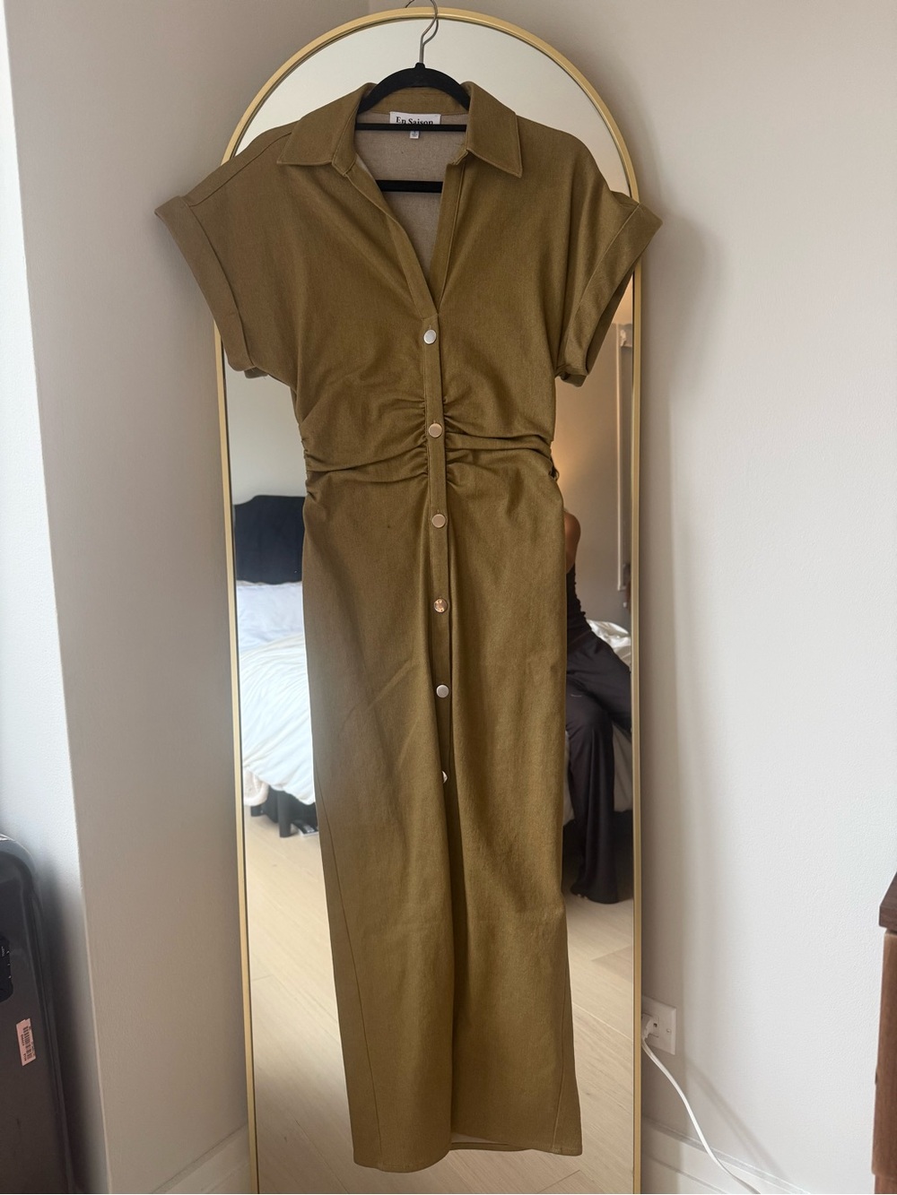 En Saison Olive Button-Front Maxi Shirt Dress